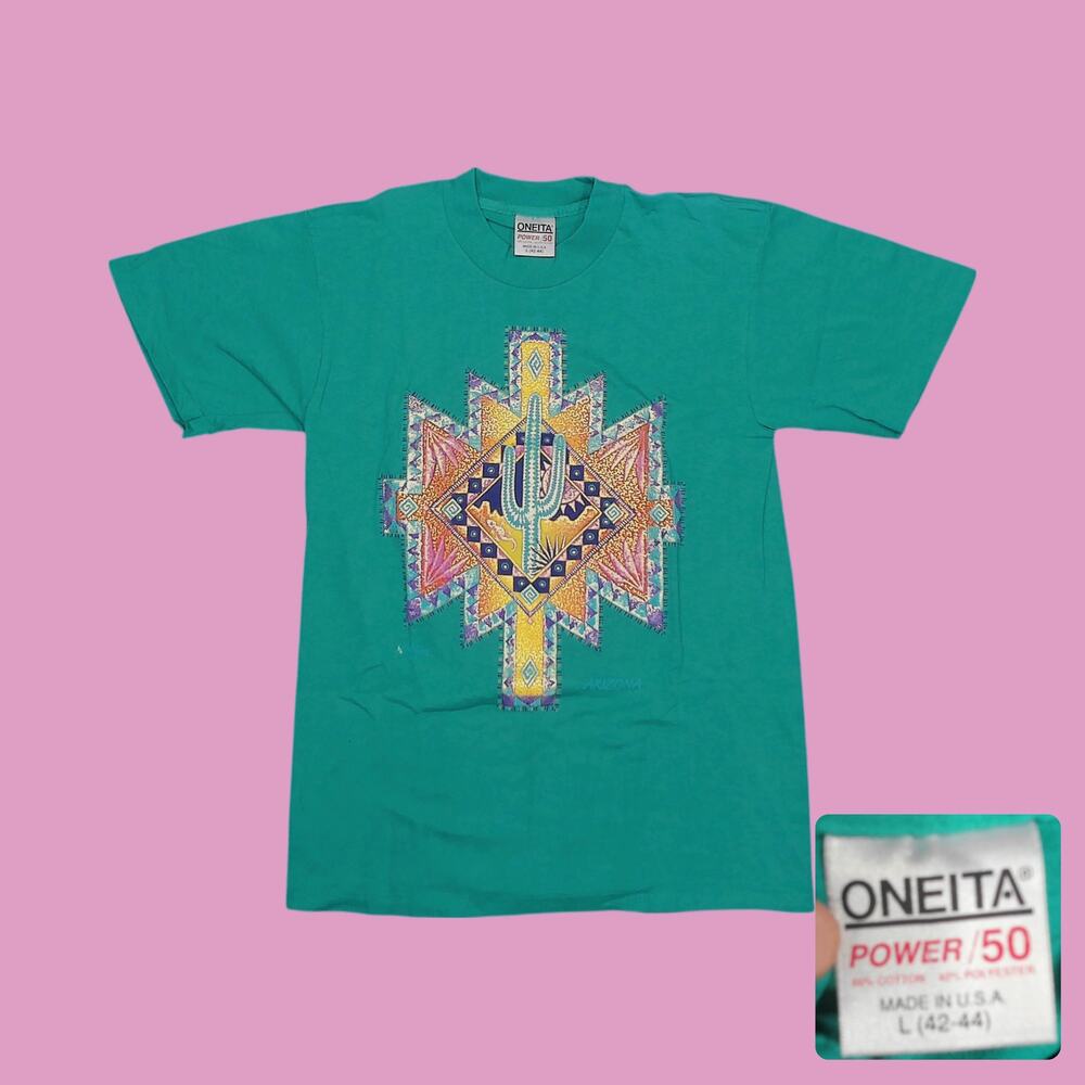 Vintage 90s Oneita Arizona Cactus Southwest Gold Shimmer Oversized Tee Womens L